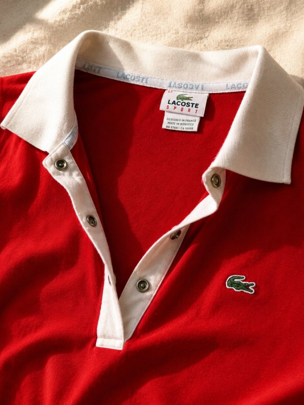 Vintage Lacoste Sport Red Polo White Trim Snap Placket Medium 42 - Picture 3 of 8